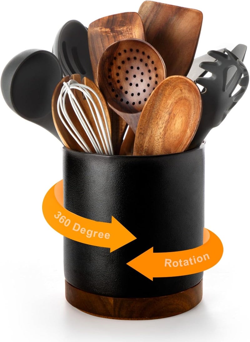 Nucookery 360°Rotating Utensil Holder, 7.2" Kitchen Utensil Crock, Ceramic Cooking Utensil Organizer with Countertop-Protection Cork Bottom for Farmhouse Kitchen Decor Christmas (Stone Black) - Image 1